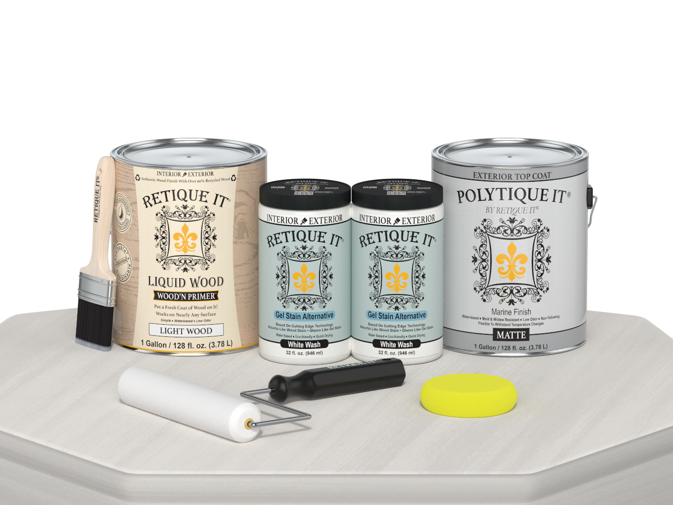 Retique It® Multi-purpose Smooth Finish Kit in white wash for exterior wood, includes four large top coat containers with matte finish.