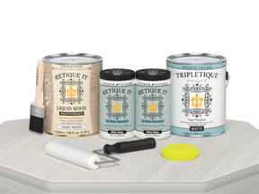 Retique It® Multi-purpose Smooth Finish Kit in white wash for interior wood top coating, includes four large bottles with matte finish.
