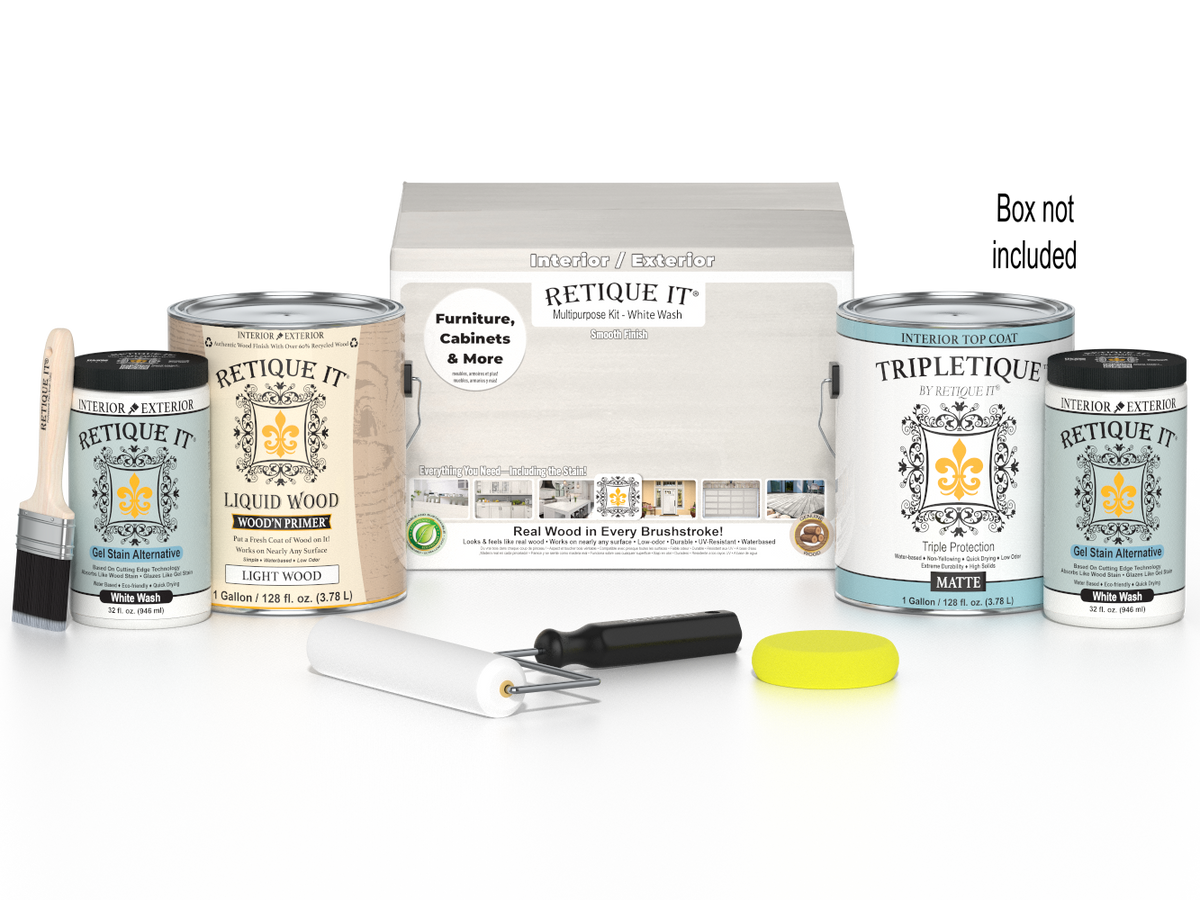 Retique It® Multi-purpose Smooth Finish Kit with four large white wash interior top coats in a matte wood finish, shown in box.