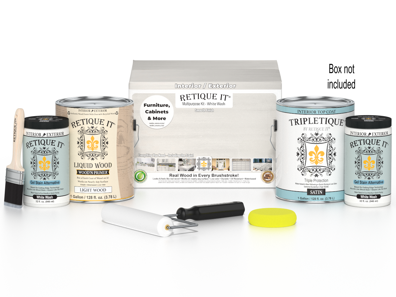 Retique It® Wood'n Finish Kits white wash interior top coat in a multi-purpose smooth finish kit with four large bottles and applicator box