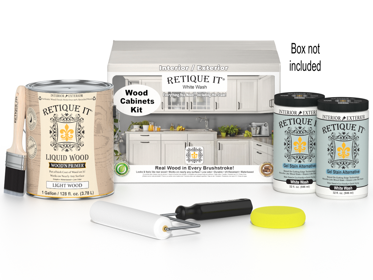 Retique It® Wood'n Cabinet Kit with 48 white wash doors, smooth stain finish, shown in a cabinet box setup.