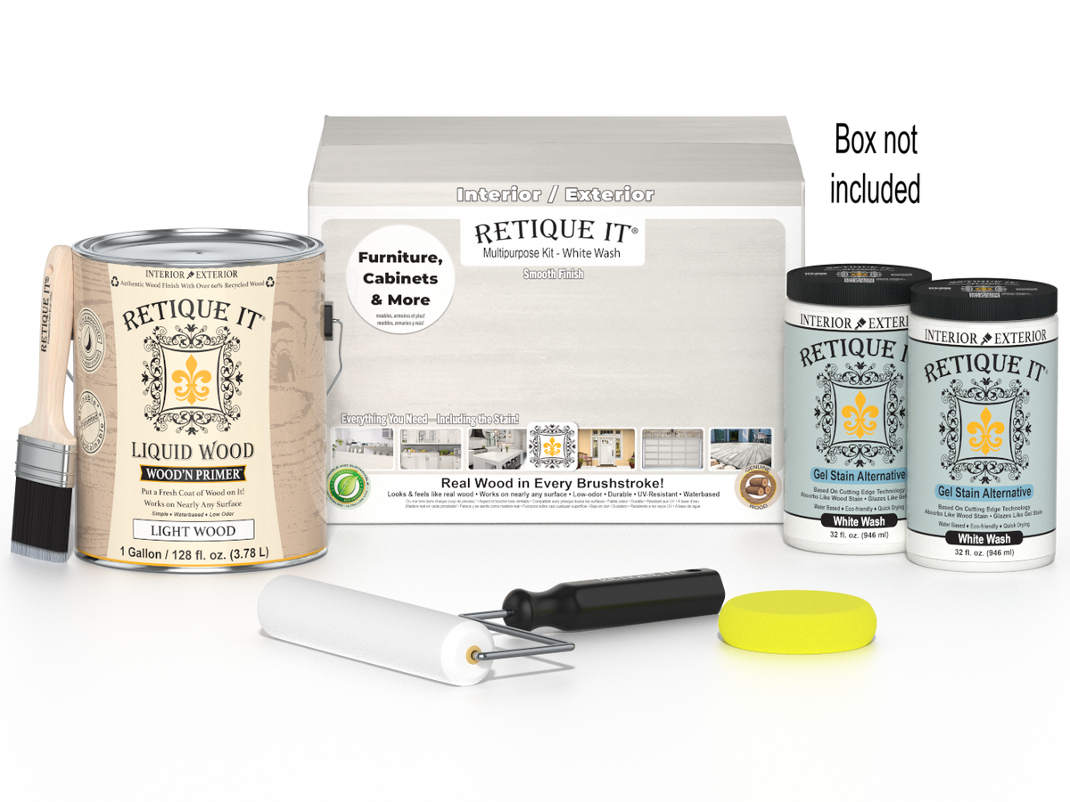 Retique It® White Wash Multi-purpose Smooth Finish Kit with four large containers for wood finishing projects.