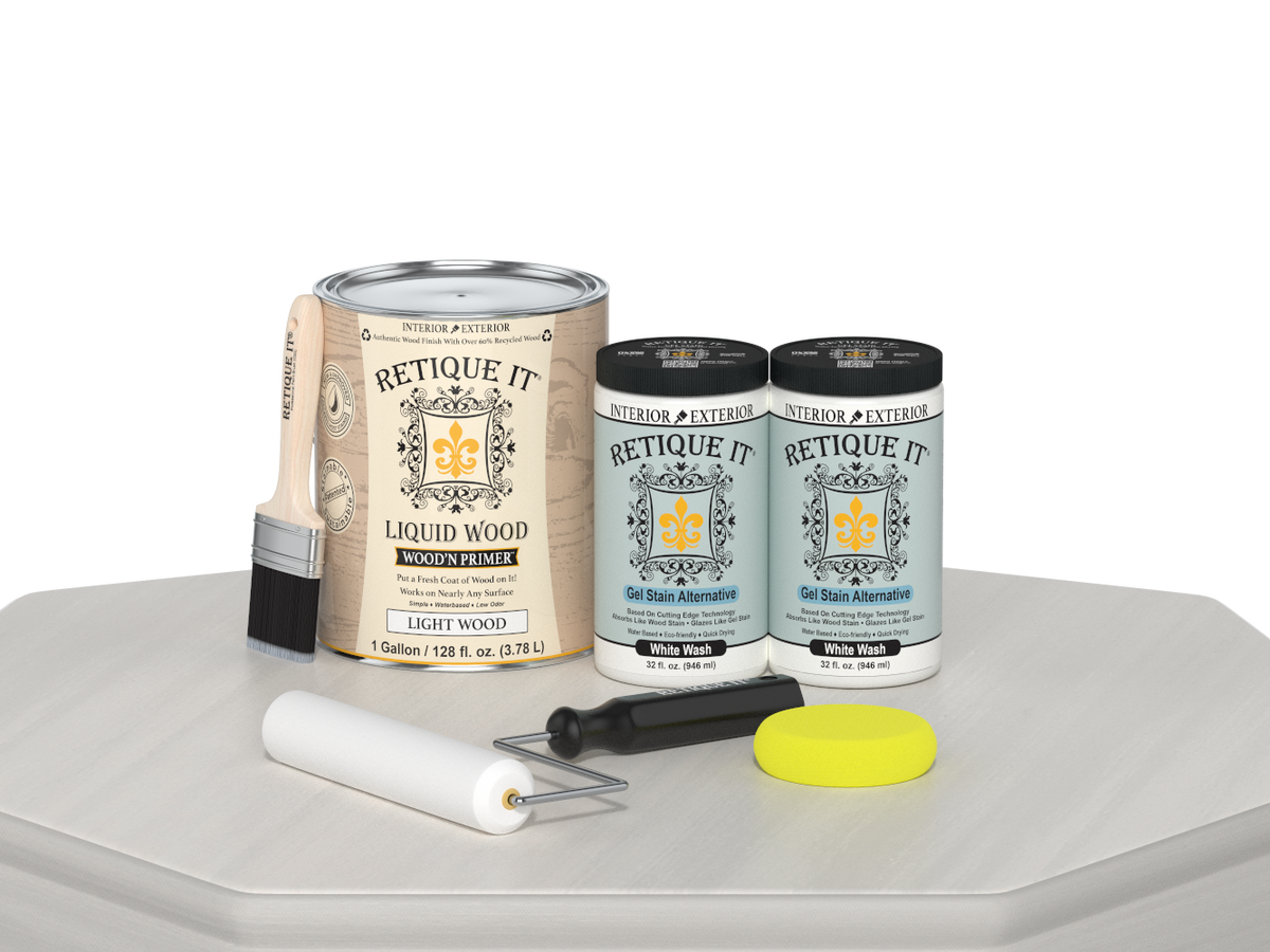 Retique It® Multi-purpose Smooth Finish Kit in white wash, 4-piece large set for wood finishing, shown with assembled tools and finish.