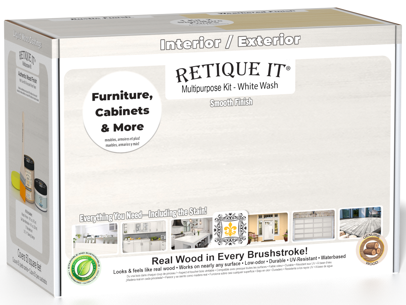 Retique It® Multi-purpose Smooth Finish Kit (Med) in White Wash, wood finishing set with brushes and tools for furniture restoration.