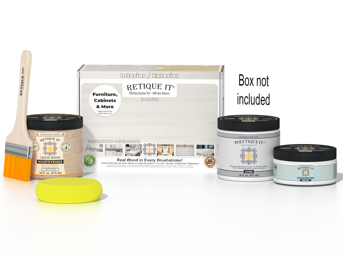 Retique It Multi-purpose Smooth Finish Kit in white wash for exterior wood, including top coat and application tools.