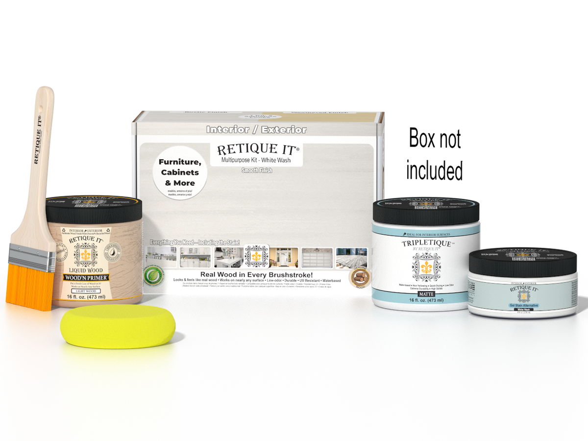 Retique It® Multi-purpose Smooth Finish Kit (Med) in White Wash for interior wood surfaces, includes top coat and matte finish.