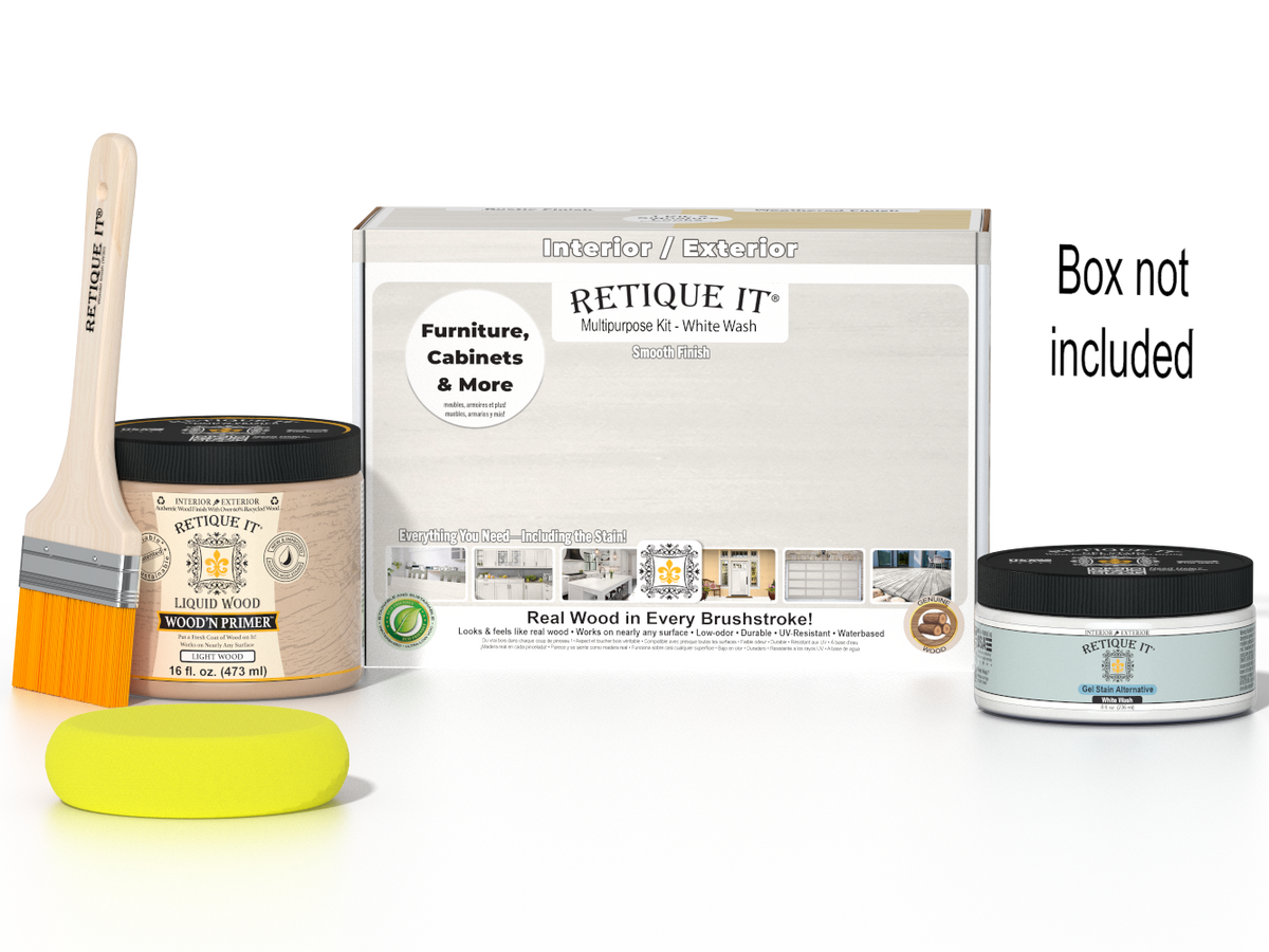 Retique It® Multi-purpose Smooth Finish Kit in White Wash for wood finishing, includes tools and materials for a smooth, professional look.