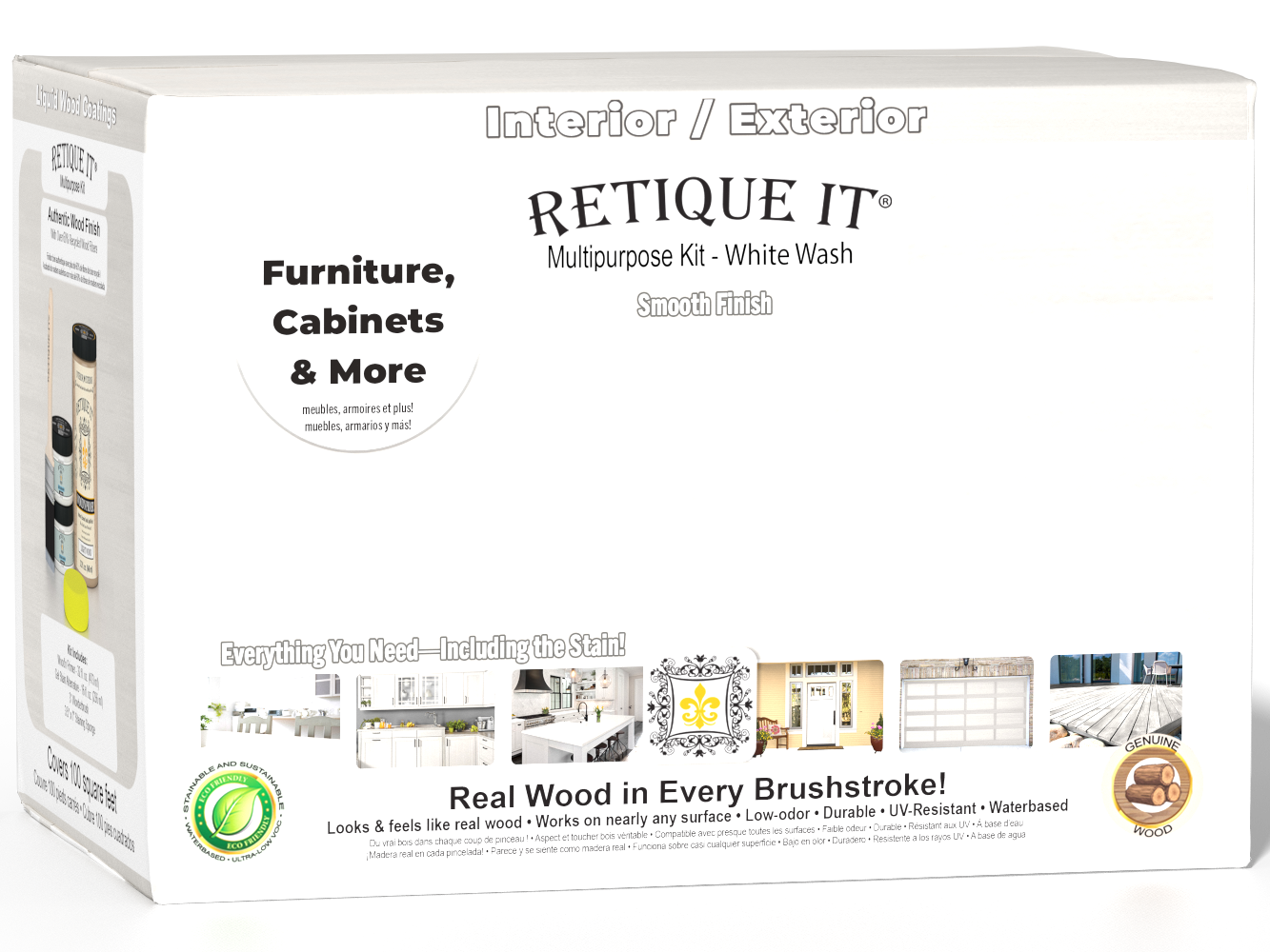 Large white wash wood finish kit from Retique It® with matte interior top coat, includes tools for smooth application.
