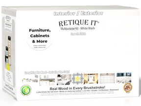 Large white wash wood finish kit from Retique It® with matte interior top coat, includes tools for smooth application.