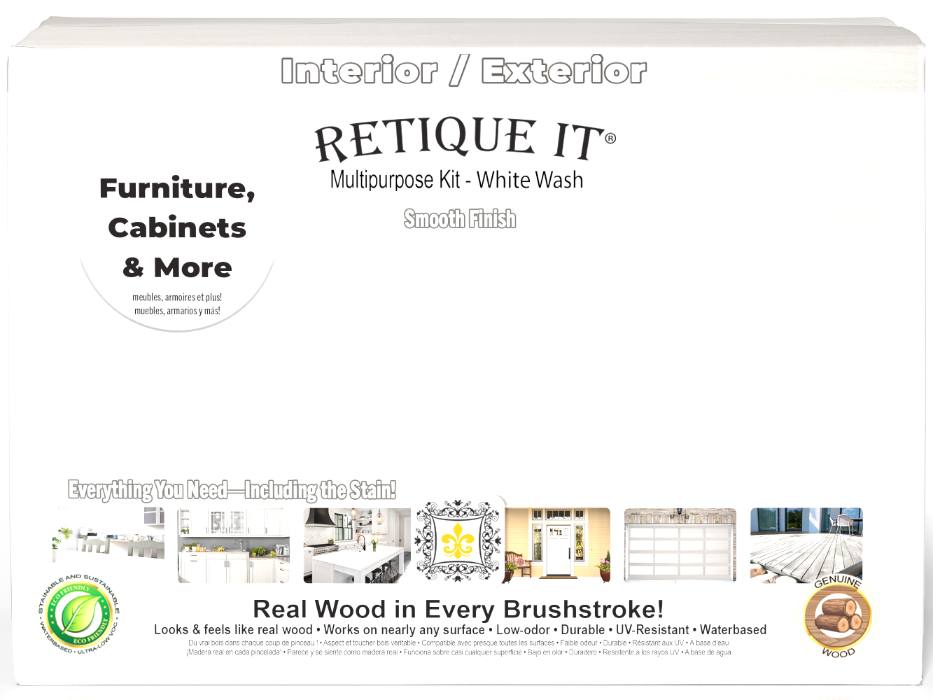 Large Retique It® Wood'n Finish Kit with white wash exterior top coat and matte finish, featuring paint and application tools.