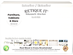 Large Retique It® Wood'n Finish Kit with white wash exterior top coat and matte finish, featuring paint and application tools.