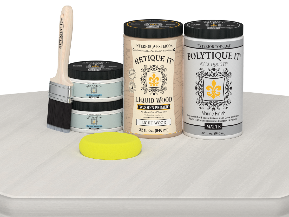 Retique It® Multi-purpose Smooth Finish Kit in white wash for exterior wood, includes large top coat, matte finish on a wood surface.