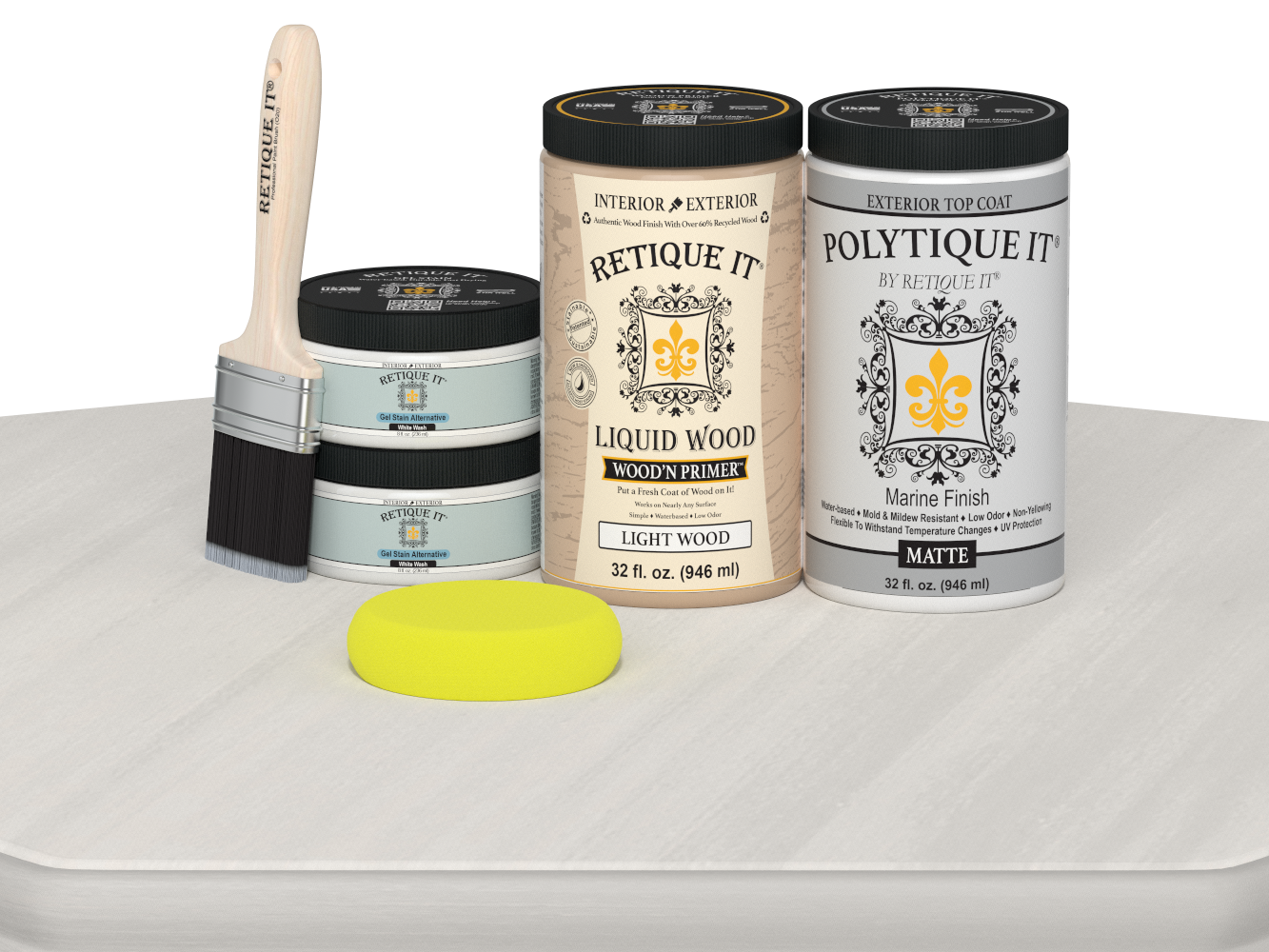 Retique It® Multi-purpose Smooth Finish Kit in white wash for exterior wood, includes large top coat, matte finish on a wood surface.