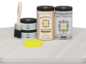 Retique It® Multi-purpose Smooth Finish Kit in white wash for exterior wood, includes large top coat, matte finish on a wood surface.