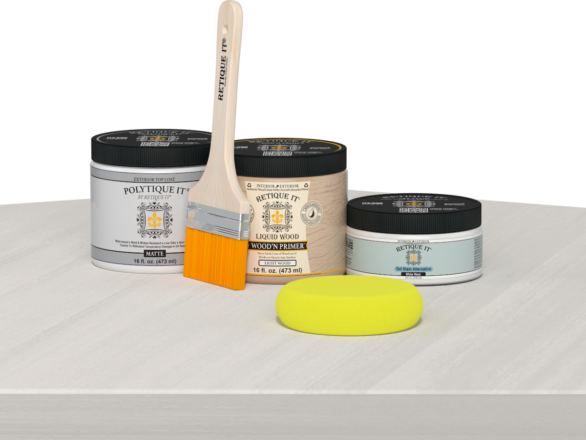 Retique It® Multi-purpose Smooth Finish Kit in White Wash for exterior wood furniture with a matte top coat, designed for versatile wood finishing.