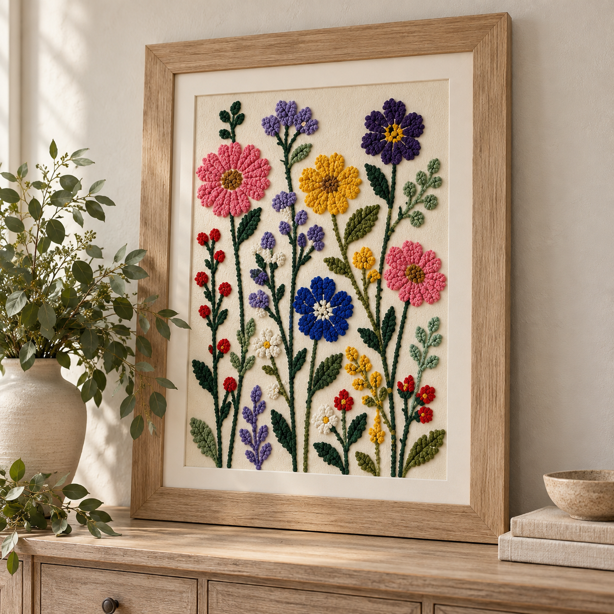 Retique It Bloom Texture Paint 4pk in Royal Orchid displayed on a brushed oak console with wildflower art