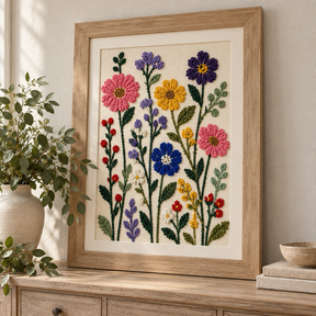 Retique It Bloom Texture Paint 4pk in Royal Orchid displayed on a brushed oak console with wildflower art