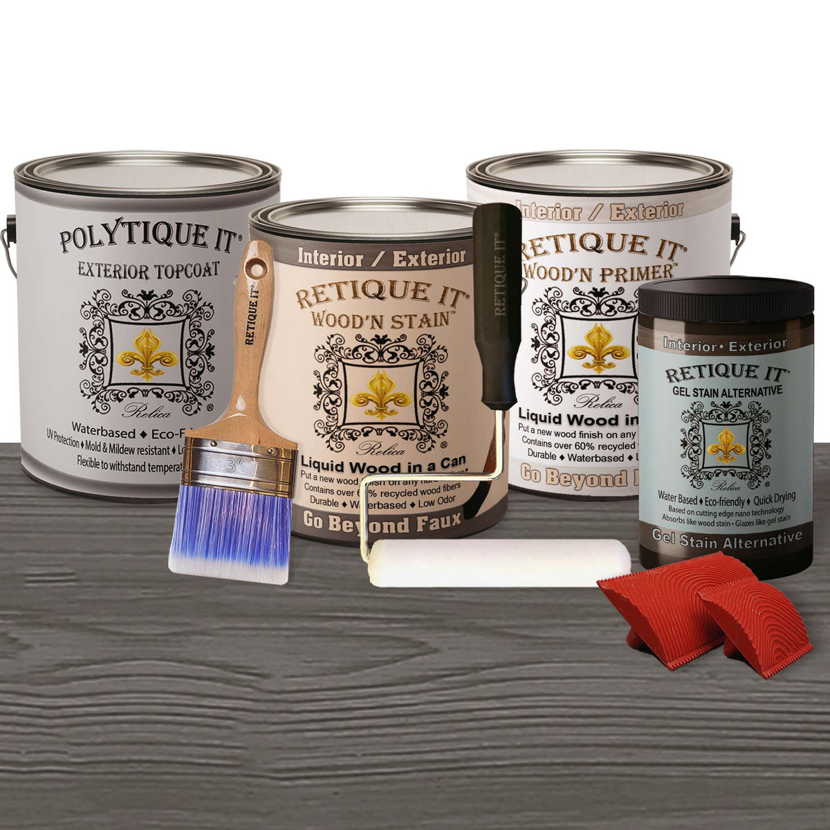 Retique It Decking Wood'n Kit in Harbor Gray stain with gel and application tools for wood decking.