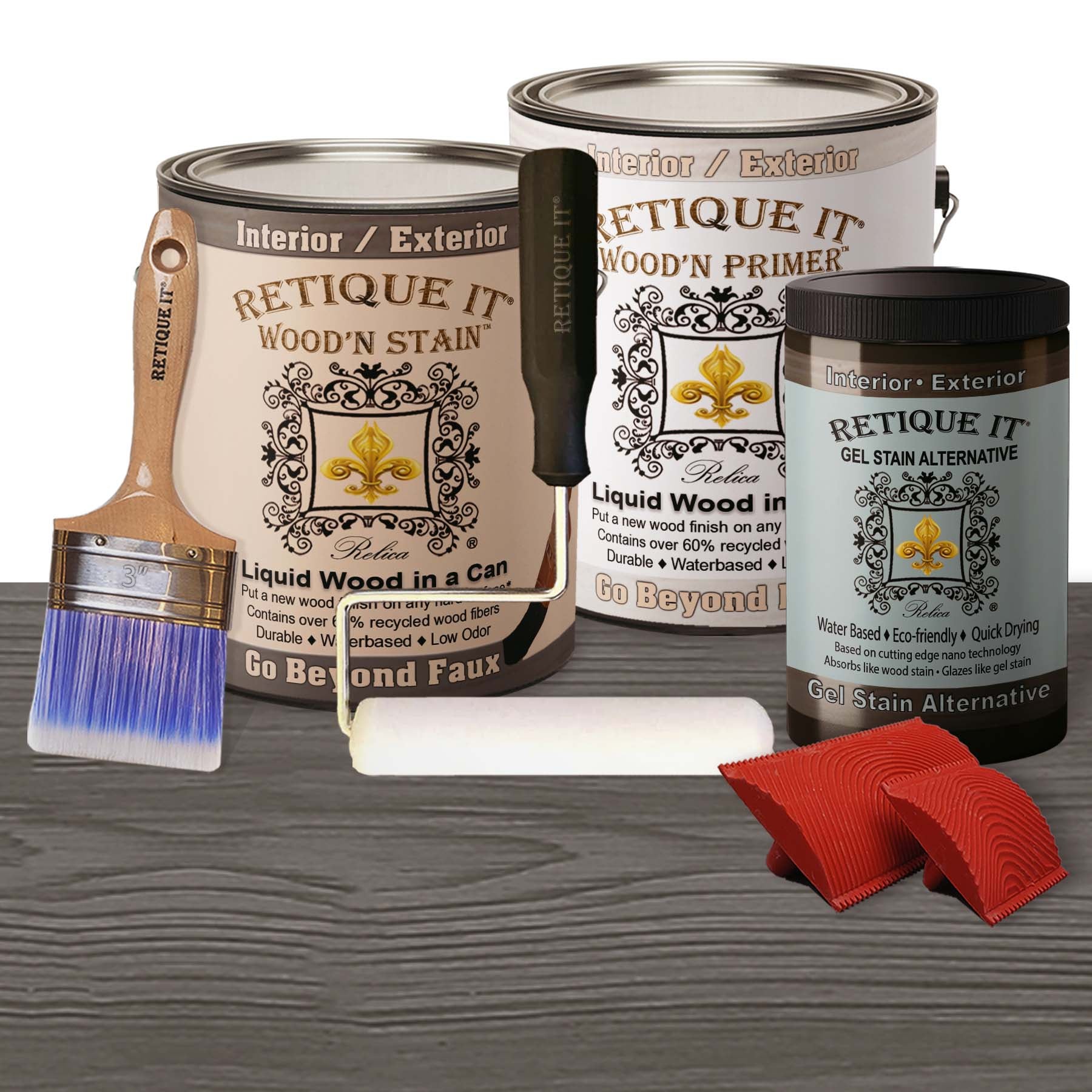 Retique It Wood'n Cabinet Kit with 48 grained doors in Harbor Gray stain, showing wood grain and cabinet panel details.