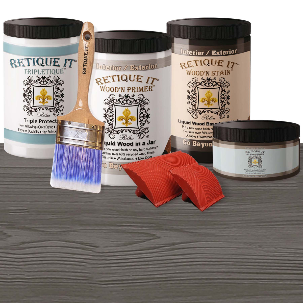 Retique It Wood'n Cabinet Kit with 12 grained doors in Harbor Gray stain, showcasing wood grain and cabinet components.