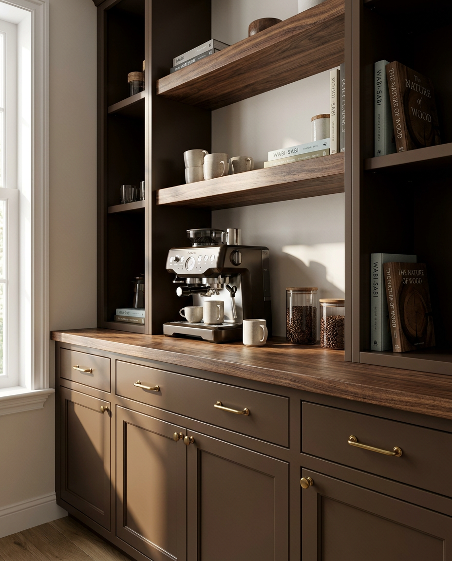 Wooden kitchen cabinet with a coffee maker and various items on a wooden countertop.