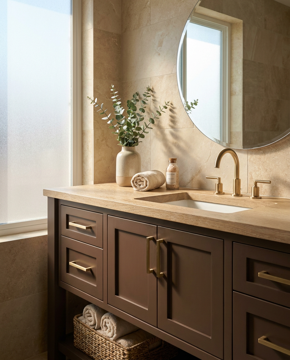 Bathroom vanity with wooden countertop, round mirror, and decorative elements.