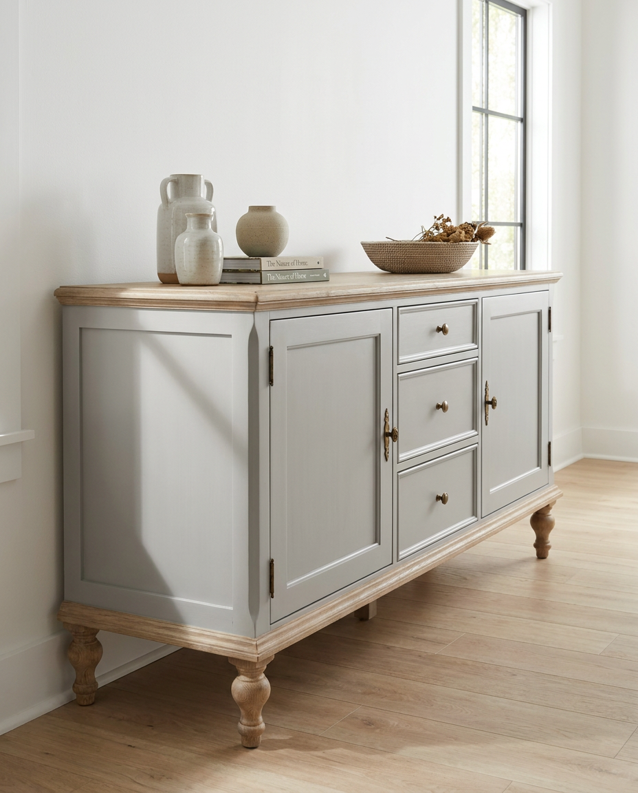 Light gray sideboard with wooden top in a room with large windows.