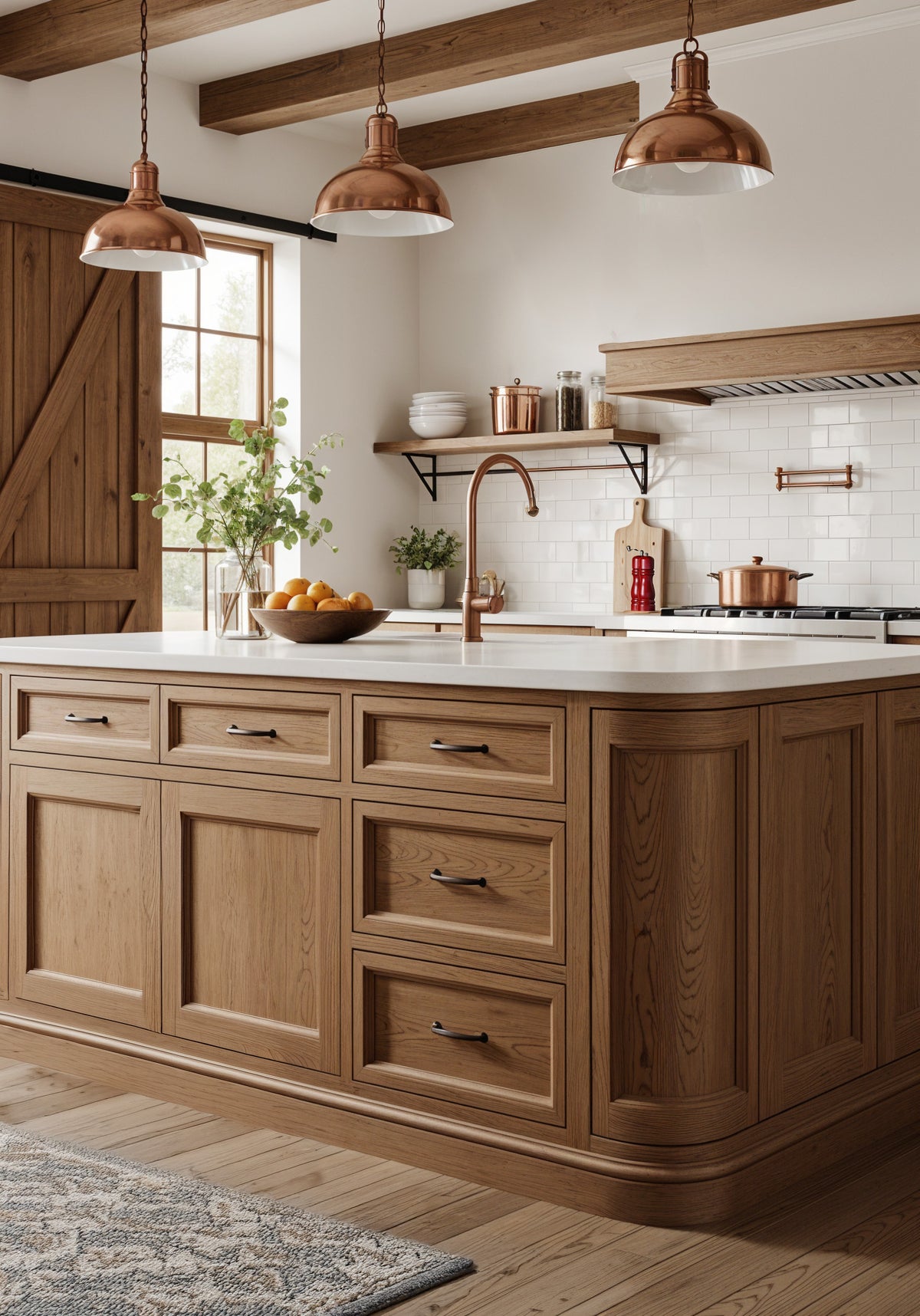 Modern kitchen with wooden cabinets, white countertops, and copper fixtures.
