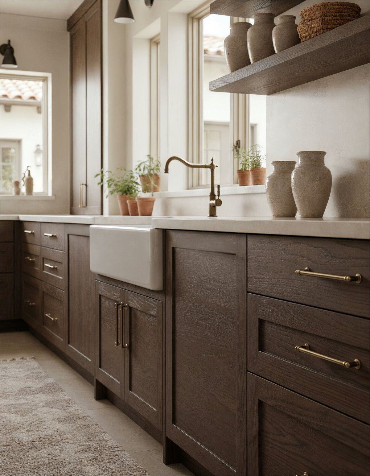 Modern kitchen with wooden cabinets, a farmhouse sink, and decorative vases.