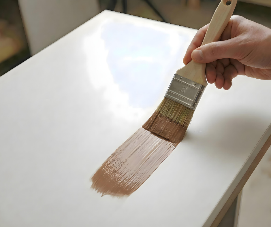 Retique It Universal Liquid Wood Kit in dark wood applied on MDF surface, showcasing the wood grain and application process.