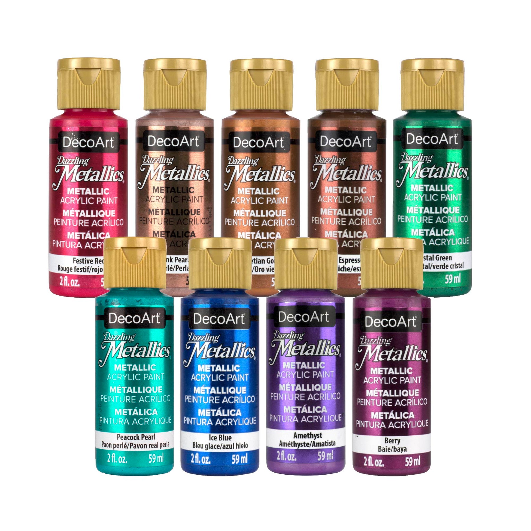 DecoArt Dazzling Metallics acrylic paint set featuring 9 bold metallic colors in 2 fl oz bottles for art and craft projects.