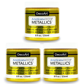 DecoArt Metallics 24K Gold paint 3-pack, shiny gold metallic craft paints shown in open containers with brushes.