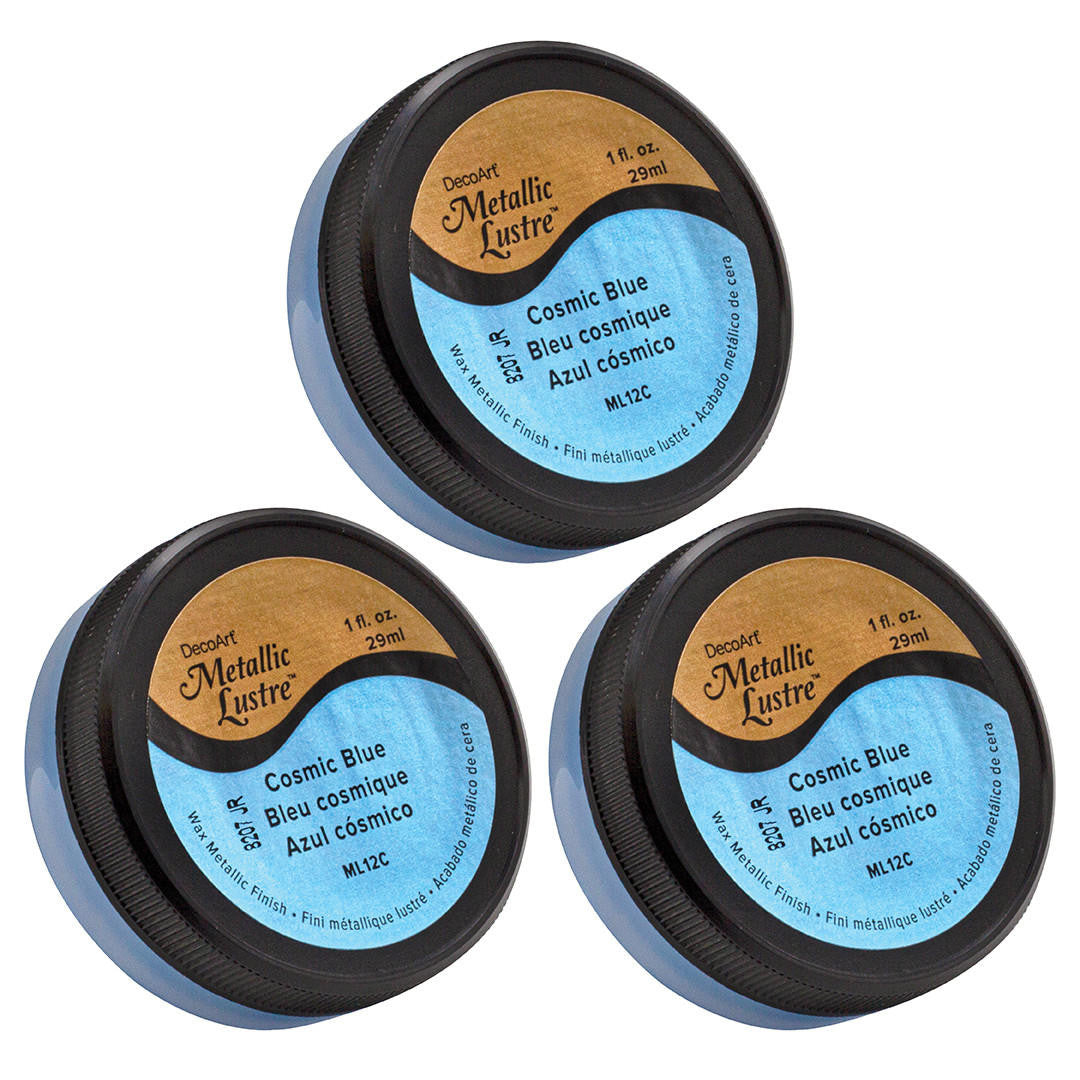 Three metallic lustre paints in cosmic blue by DecoArt, showcasing shiny, iridescent finishes in a 3-pack set.