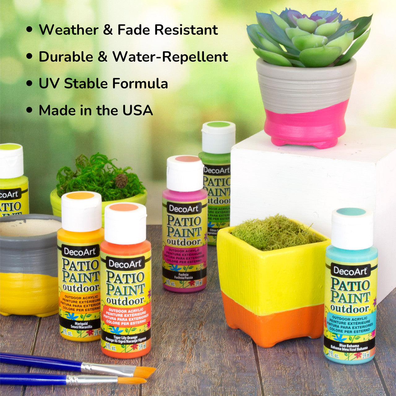 DecoArt Pastel Patio Paint Outdoor Paint Set with 24 colorful paint bottles for outdoor decorating and craft projects.