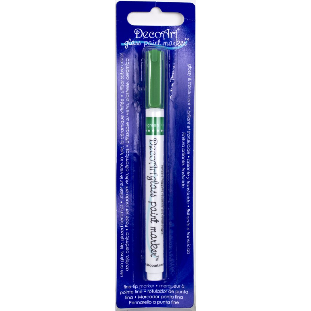 Fuchsia transparent glass paint markers by DecoArt, featuring fine tips for detailed decorating on glass surfaces.