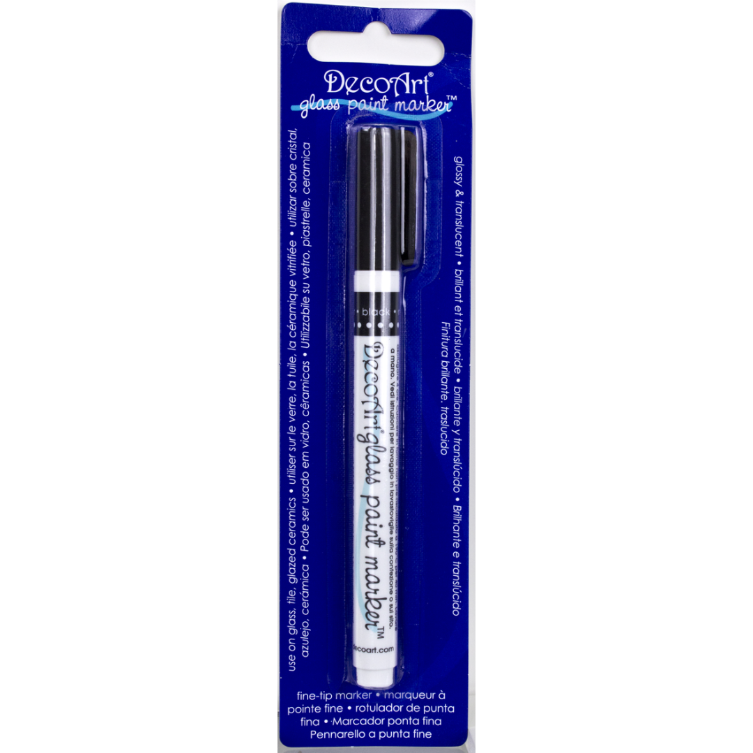 DecoArt transparent glass paint markers in fuchsia, showing fine tip and glass surface for detailed artwork and decorating.