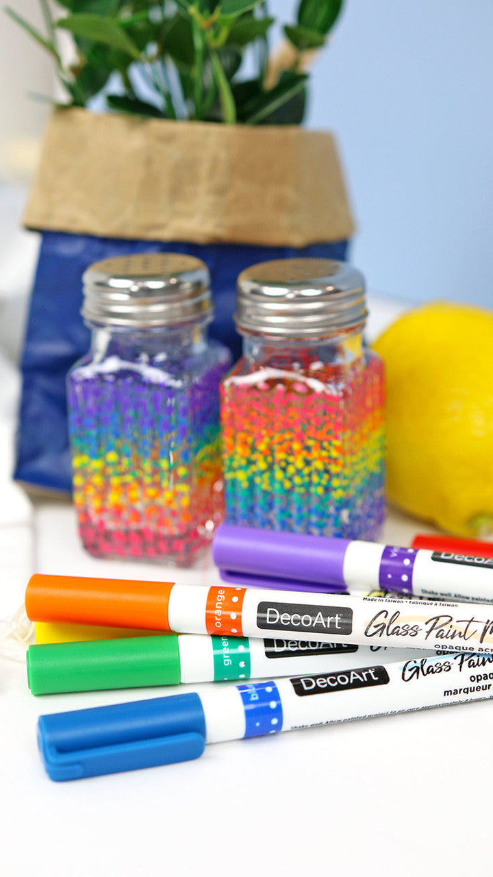 DecoArt glass paint marker set with six colorful markers, ideal for decorating glass surfaces and creating vibrant designs.