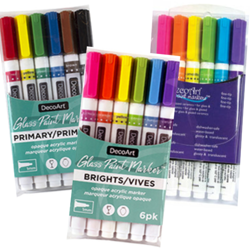 DecoArt glass paint marker set with six colorful markers, ideal for decorating glass surfaces and arts and crafts projects.