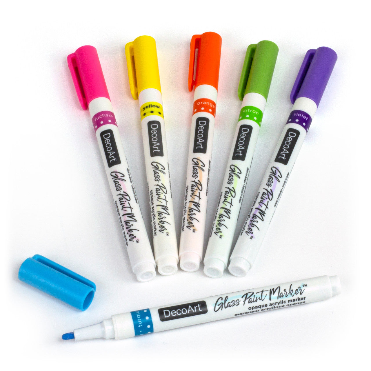 Set of six DecoArt glass paint markers with vibrant colors, designed for detailed artwork on glass surfaces.