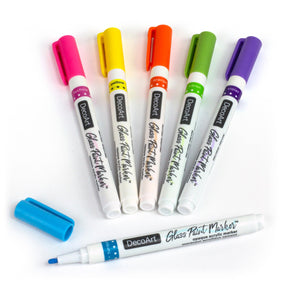Set of six DecoArt glass paint markers with vibrant colors, designed for detailed artwork on glass surfaces.