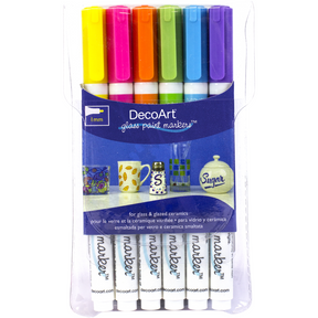 DecoArt glass paint marker set with six vibrant colors for decorating and customizing glass surfaces.