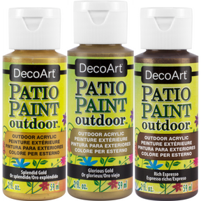 DecoArt Patio Paint Outdoor Acrylics in Glorious Gold, metallic finish, 2 oz bottle for outdoor craft projects.