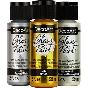 DecoArt Glass Paint Metallics in gold, 2 oz bottle, with vibrant metallic finish for glass and craft projects.