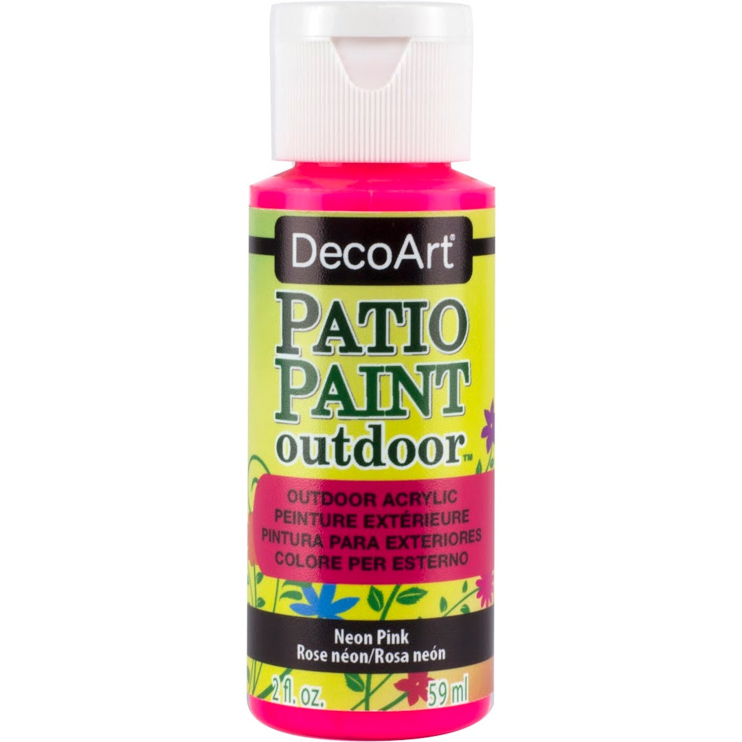 DecoArt Patio Paint outdoor acrylic neon pink paint in 2 oz bottle with vibrant color for outdoor crafts and surfaces.