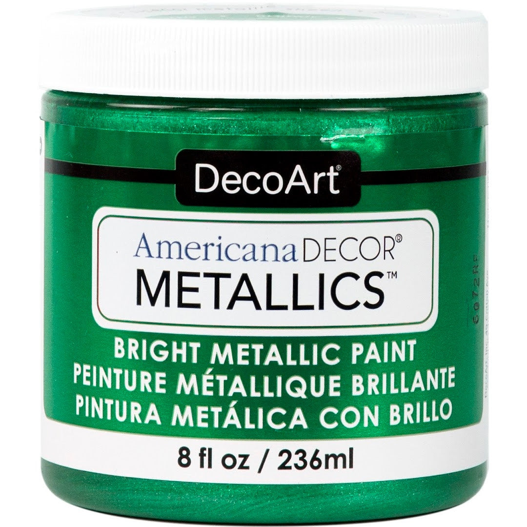DecoArt Americana Decor Metallics pearl finish paint in an 8 oz bottle with a shiny metallic appearance.