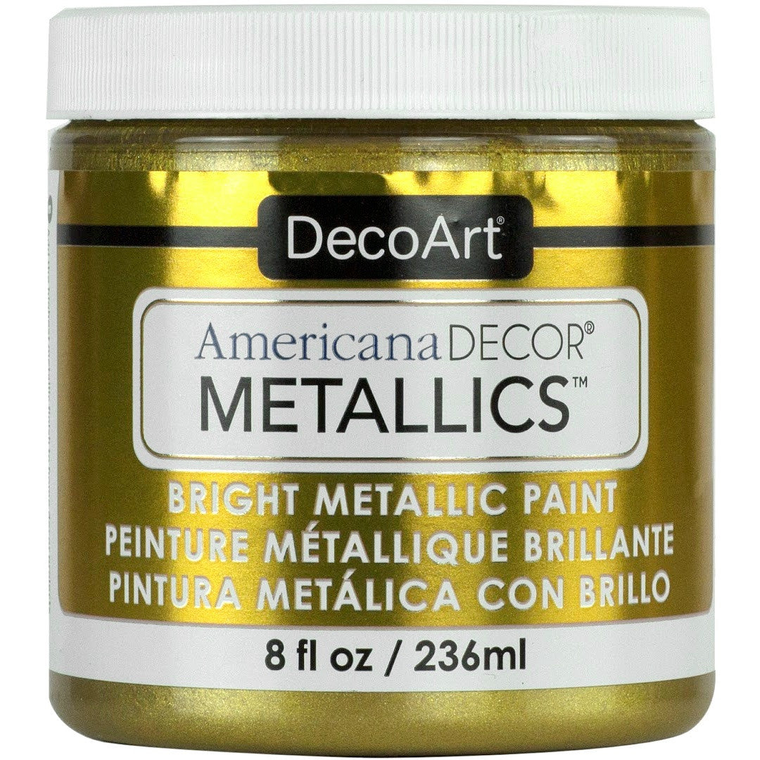 8 oz bottle of DecoArt Americana Decor Metallics Pearl in a clear bottle with a metallic pearl finish paint.
