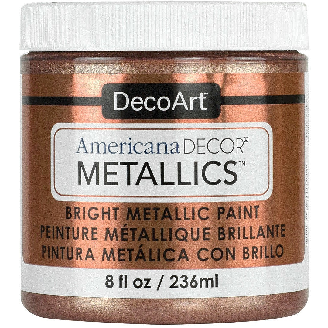 8 oz bottle of DecoArt Americana Decor Metallics Pearl paint with metallic finish, shown in a clear image.