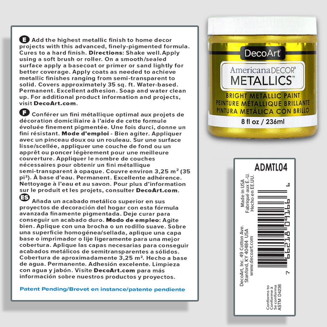 DecoArt Americana Decor Metallics pearl finish in an 8 oz bottle, showcasing shiny, metallic paint suitable for craft and home decor projects.