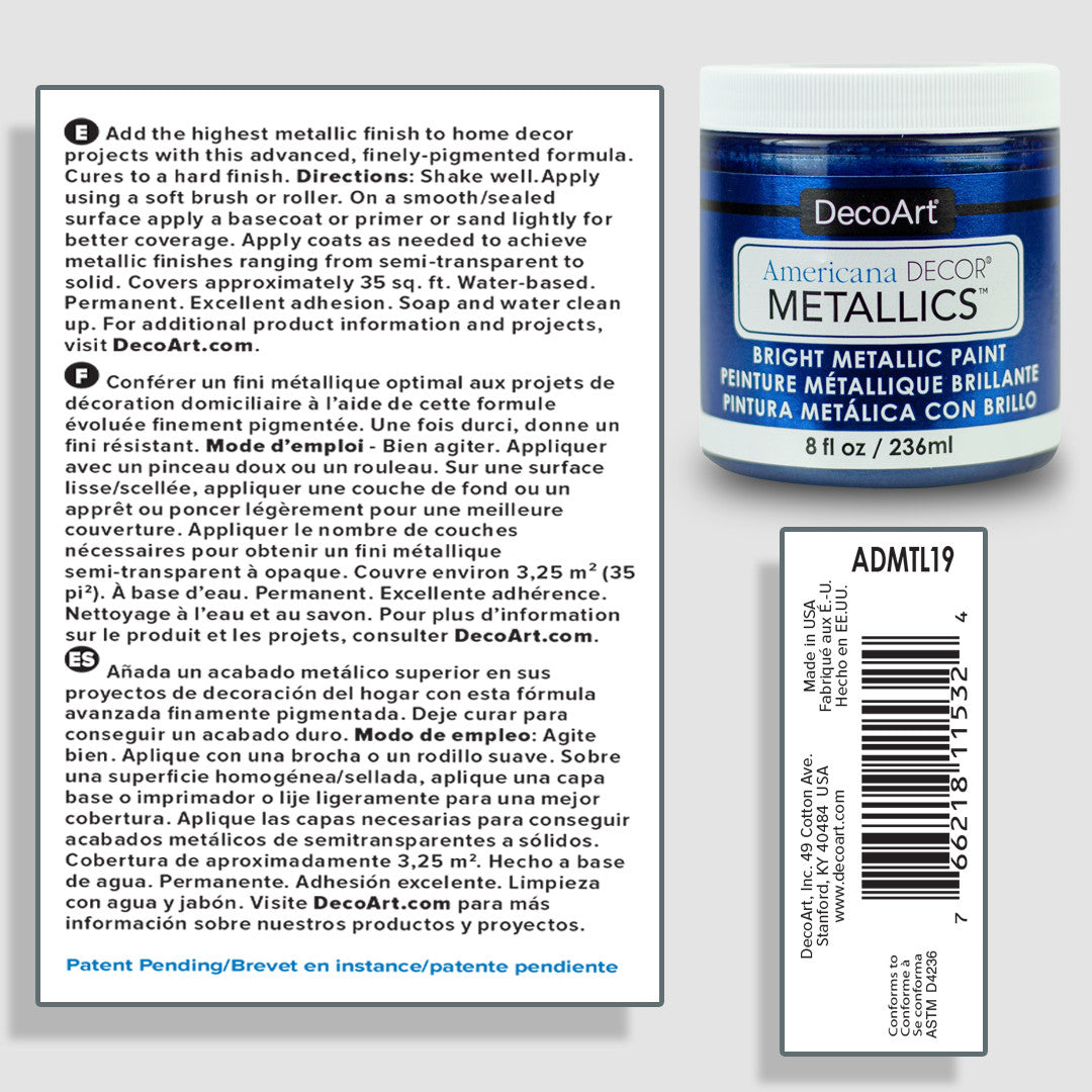 DecoArt Americana Decor Metallics pearl acrylic paint in 8 oz bottle, showcasing shiny metallic finish for craft projects