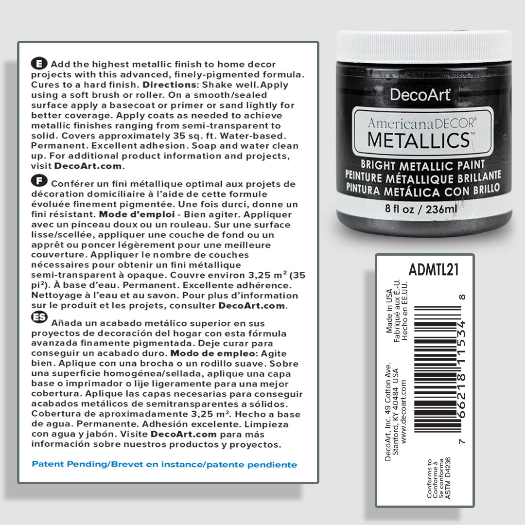 8 oz bottle of DecoArt Americana Decor Metallics in pearl finish, showcasing metallic paint for craft and decorative projects.